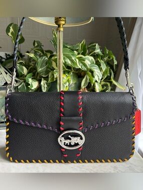 Coach Black Leather Georgie Shoulder Bag with Multicolor Whipstitch